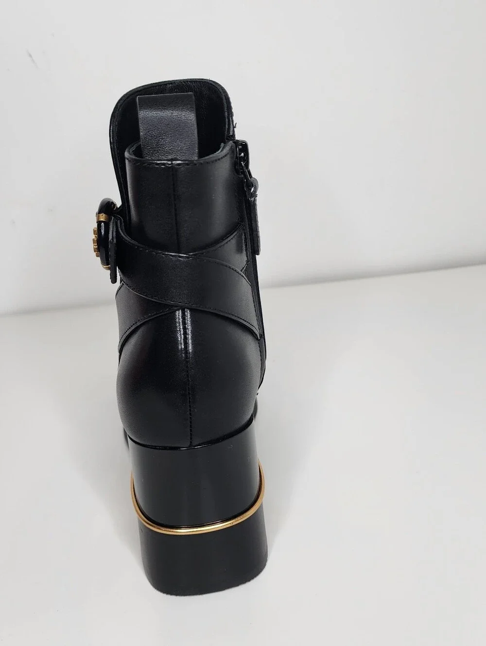 Tory Burch Multi Logo Buckle Black Leather Womens Ankle Boots with Gold Accent